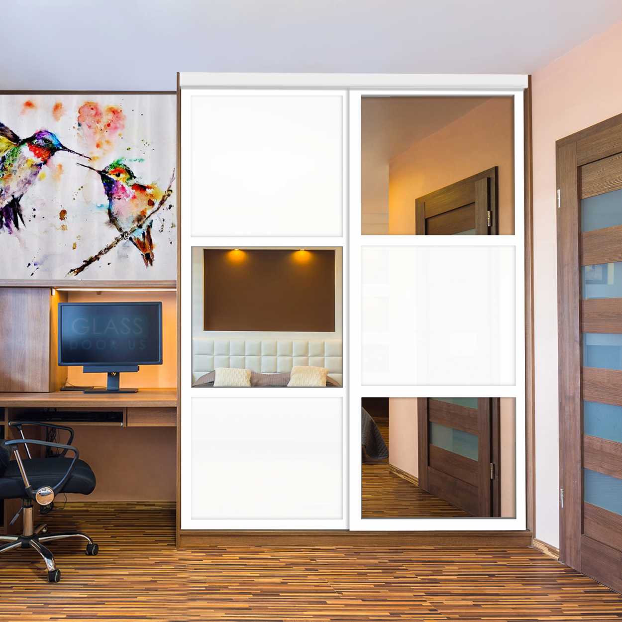 Puerta De Armario Con Vidrio Pintado Blanco Y Espejo Insertado 2 Paneles BMSC-1179